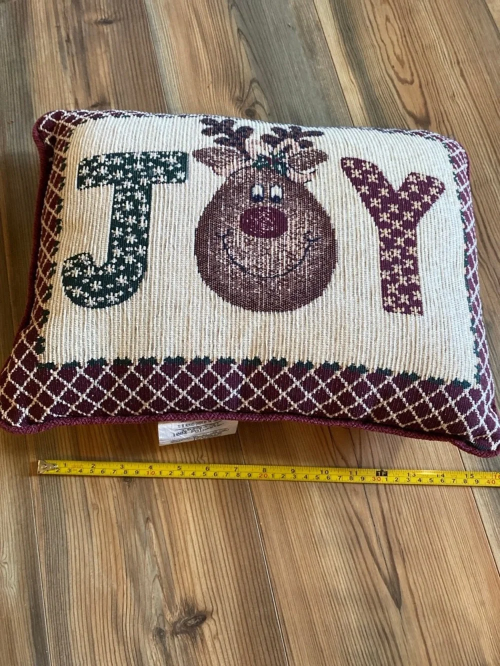 Vintage Christmas tapestry accent pillow featuring a reindeer & the word 